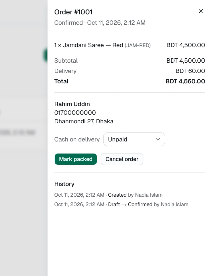 An order created from the conversation, with totals, delivery details and history (demo workspace)