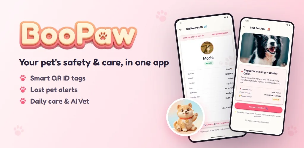 BooPaw app screens: a digital pet ID card and a lost pet alert